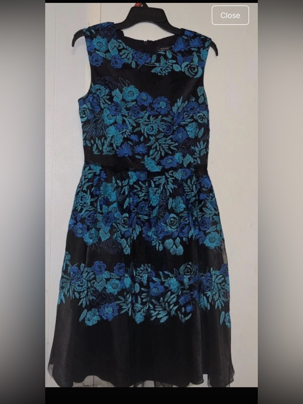 Tahari Black Midi Dress with Blue Floral Embroidery